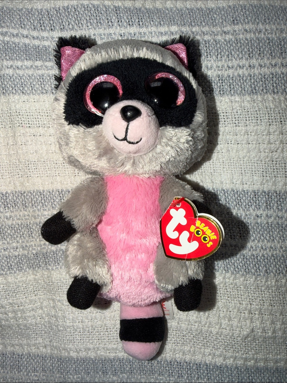 Adorable Ty Pink & Gray Raccoon Beanie Boo Plush with Sparkly Pink Eyes